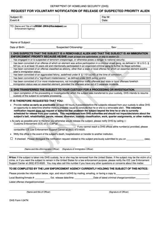 Dhs Form I-247n - Request For Voluntary Notification Of Release Of Suspected Priority Alien Printable pdf