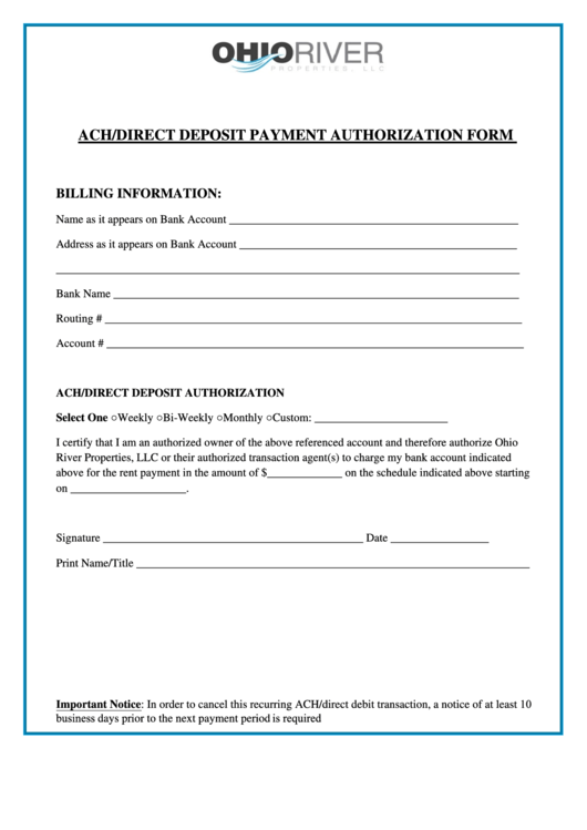 Fillable Ach/direct Deposit Payment Authorization Form - Ohio River Properties, Llc Printable pdf