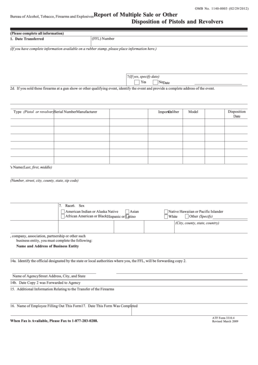 Fillable Atf Form 3310.4 - Report Of Multiple Sale Or Other Disposition Of Pistols And Revolvers Printable pdf
