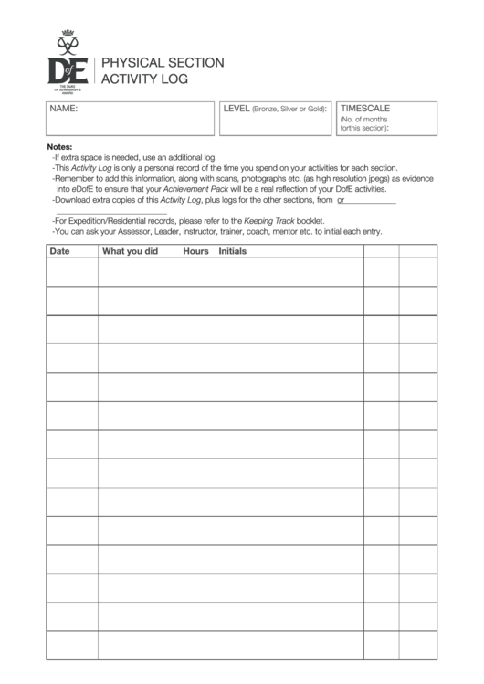 Physical Section Activity Log Sheet Printable pdf