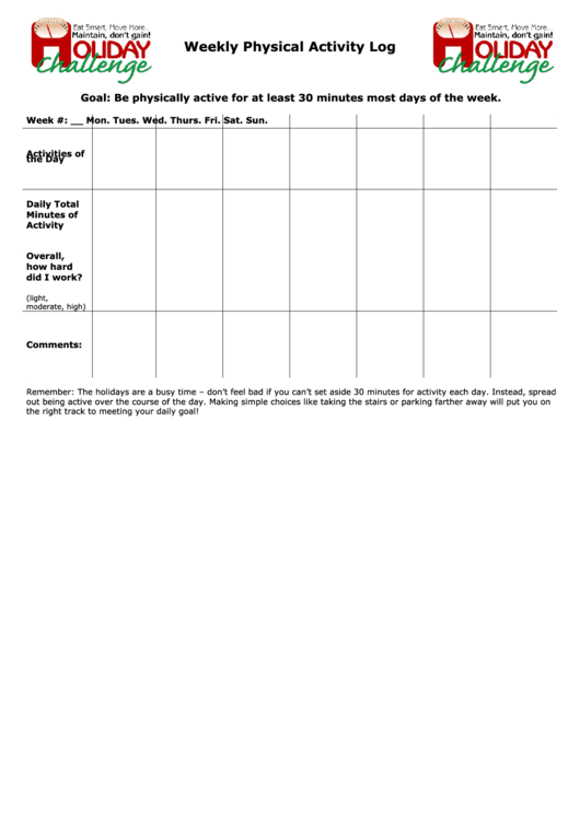 Weekly Physical Activity Log Sheet Printable pdf