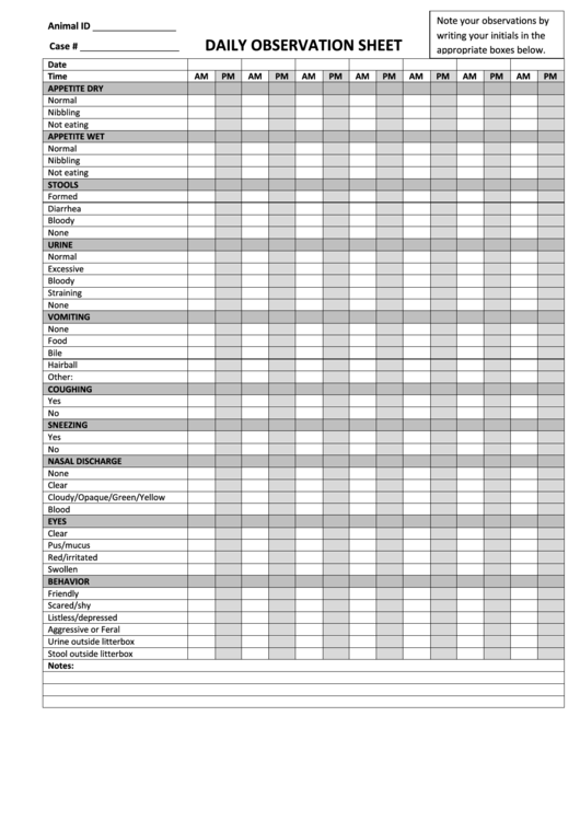 Daily Observation Sheet Printable pdf