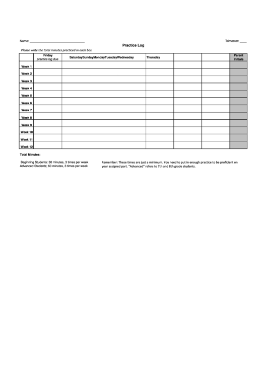 Practice Log Template Printable pdf