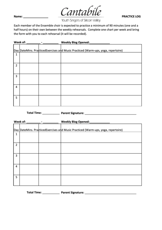 Practice Log Template (Choir) Printable pdf