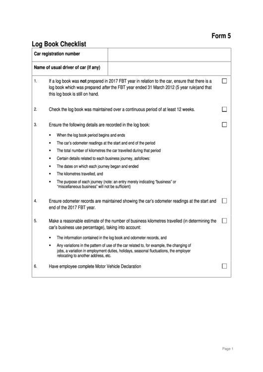 Log Book Checklist Printable pdf