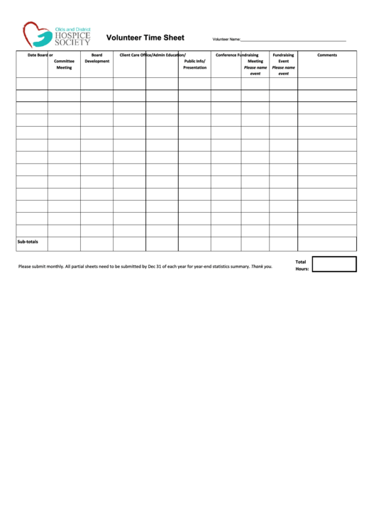 Volunteer Time Sheet Template Printable pdf