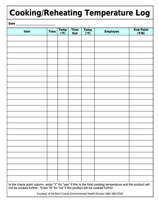 Food Cooking/reheating Temperature Log printable pdf download