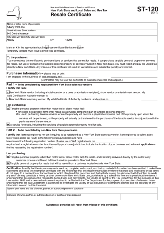 Fillable St-120, 2011, Resale Certificate Printable pdf