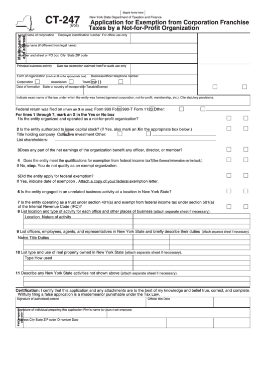 Fillable Ct-247, 2005, Application For Exemption From Corporation Franchise Taxes By A Not-For-Profit Organization Printable pdf