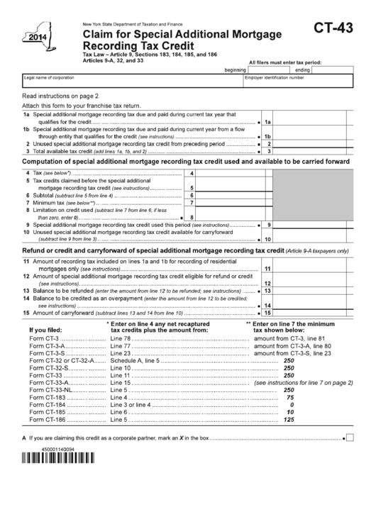 Ct-43, 2014, Claim For Special Additional Mortgage Recording Tax Credit Printable pdf
