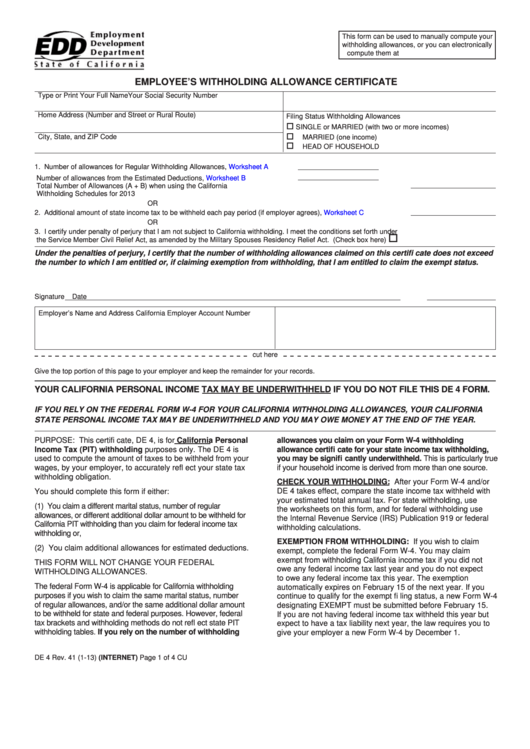 Employee's Withholding Allowance Certificate printable pdf download