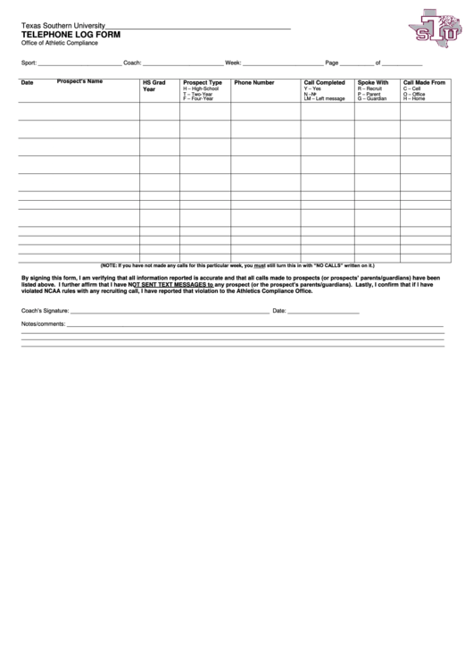 University Telephone Log Form Printable pdf