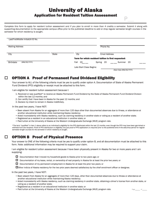Fillable University Of Alaska Application For Resident Tuition Assessment Form Printable pdf