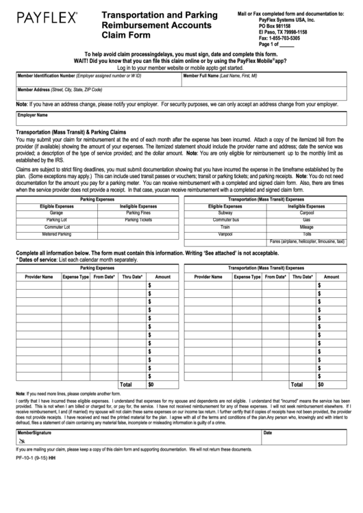 Form Pf-10-1 - Transportation And Parking Reimbursement Claim Form Printable pdf