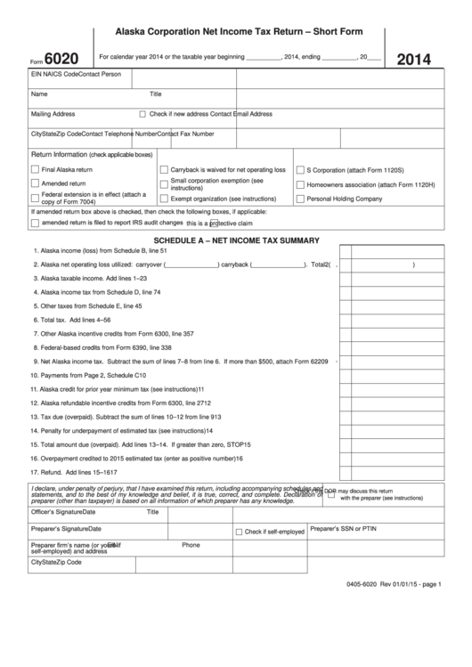 Fillable 6020, 2014, Alaska Corporation Net Income Tax Return - Short Form Printable pdf