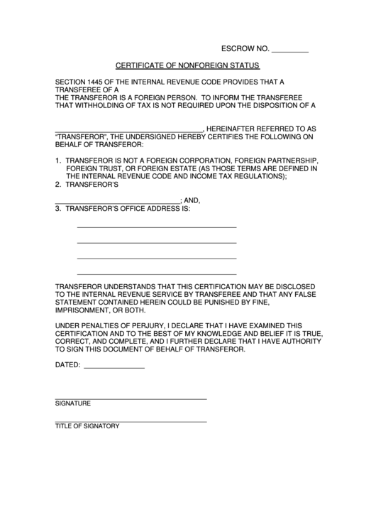 Certificate Of Nonforeign Status Form (Firpta) Printable pdf