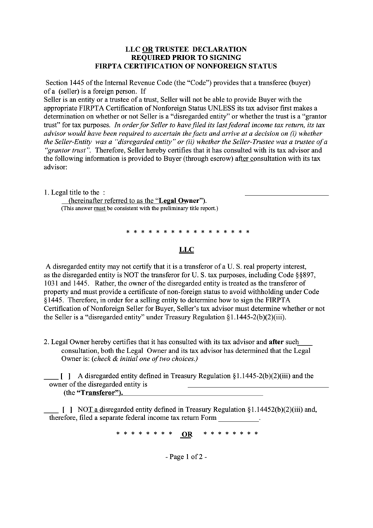 Llc Or Trustee Declaration Required Prior To Signing Firpta Certification Of Nonforeign Status Printable pdf