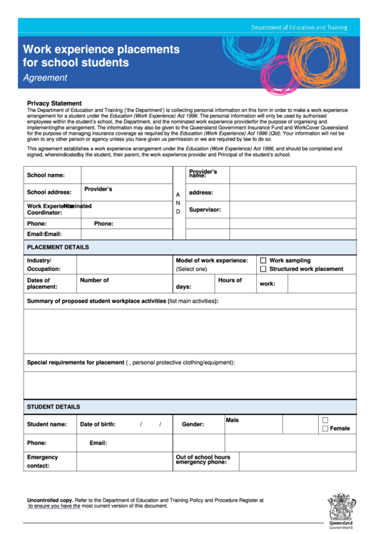 Fillable Work Experience Placements For School Students Printable pdf