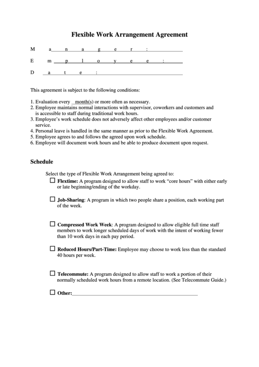 Fillable Flexible Work Arrangement Agreement Printable pdf