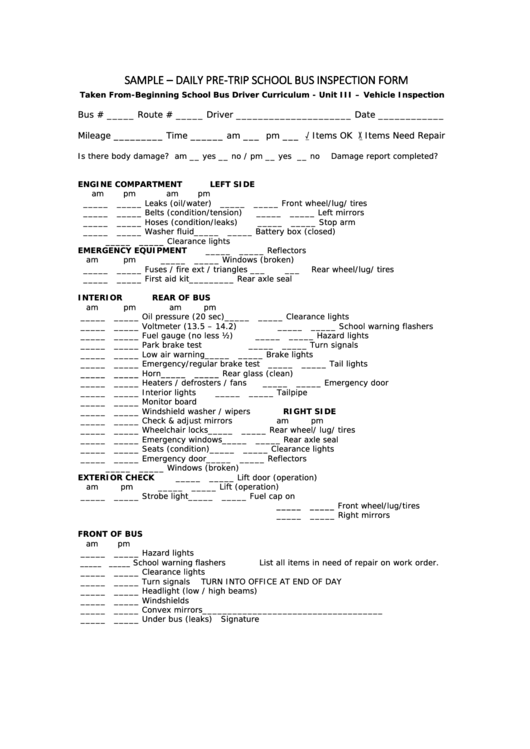 Sample - Daily Pre-Trip School Bus Inspection Form Printable pdf