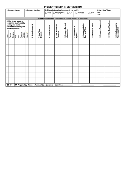 Form Ics 211 - Incident Check-In List Template Printable pdf