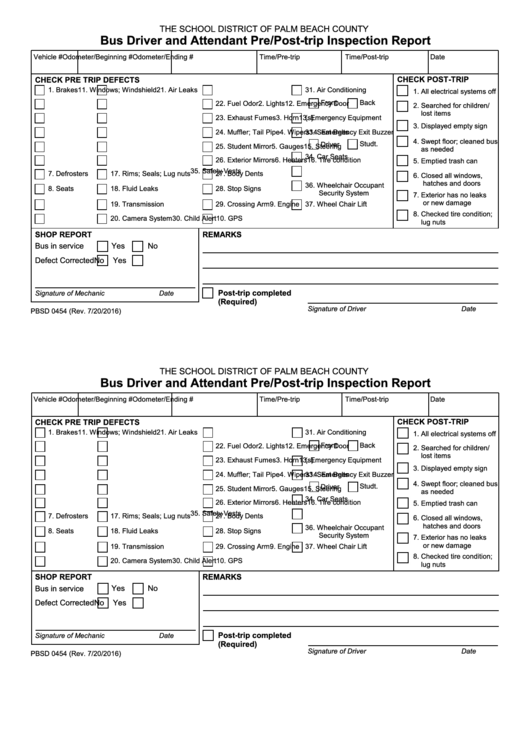 School Bus Driver And Attendant Pre/post-Trip Inspection Report Form Printable pdf