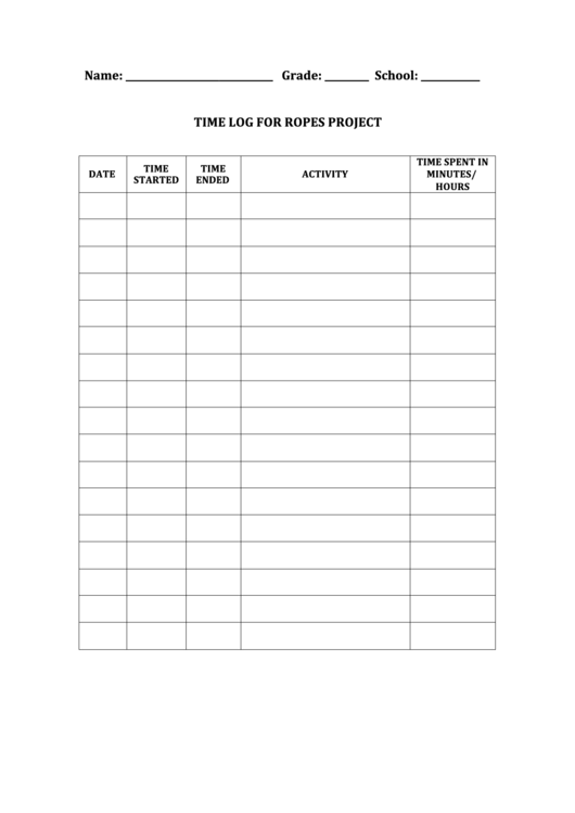 Time Log For Ropes Project Printable pdf
