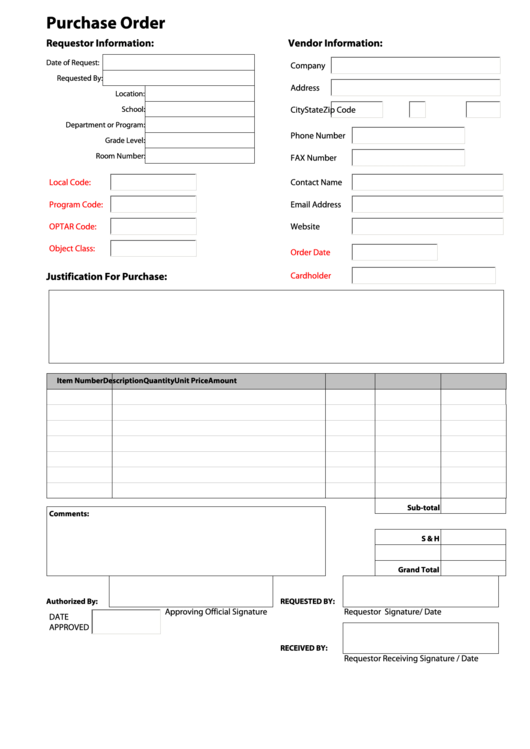 Fillable Purchase Order Printable pdf