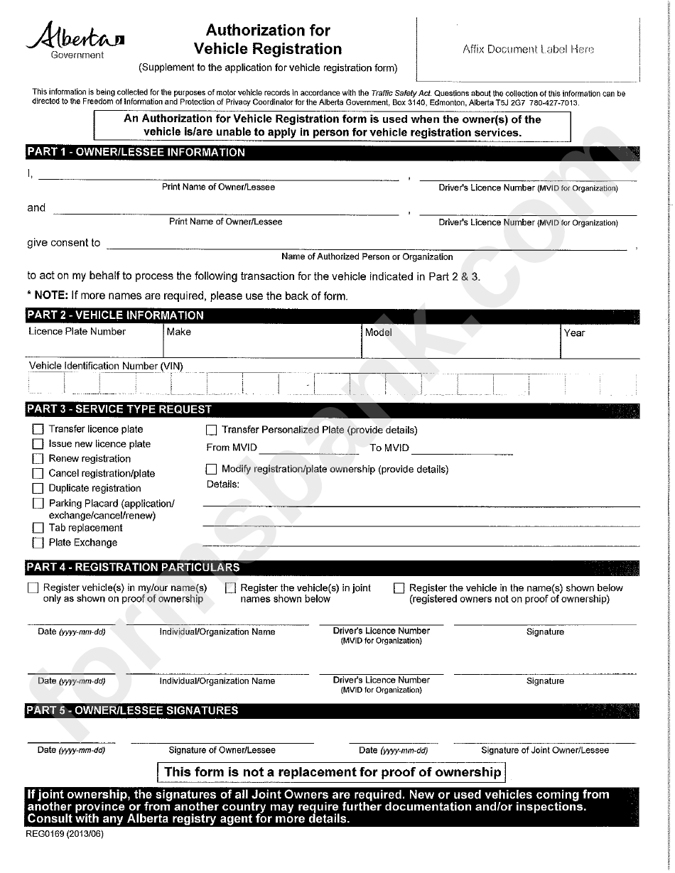 Form Reg0169 - Authorization For Vehicle Registration