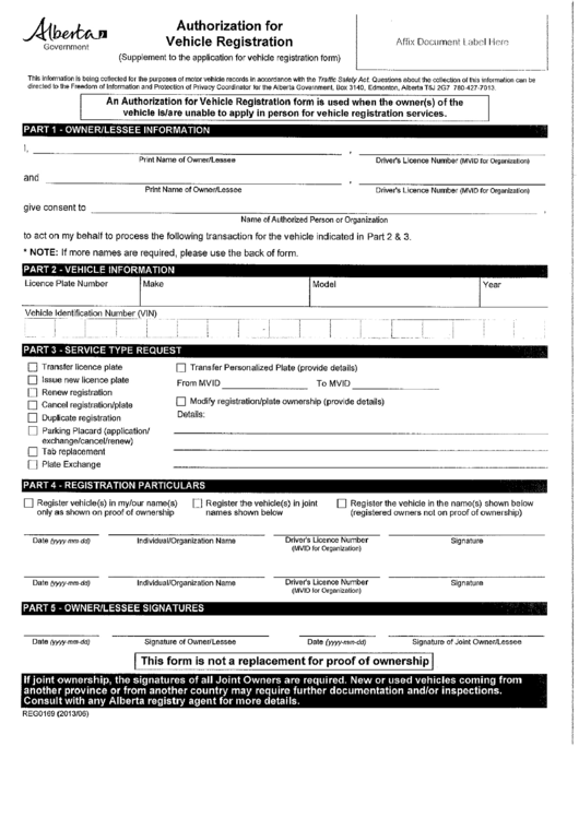 Form Reg0169 - Authorization For Vehicle Registration Printable pdf