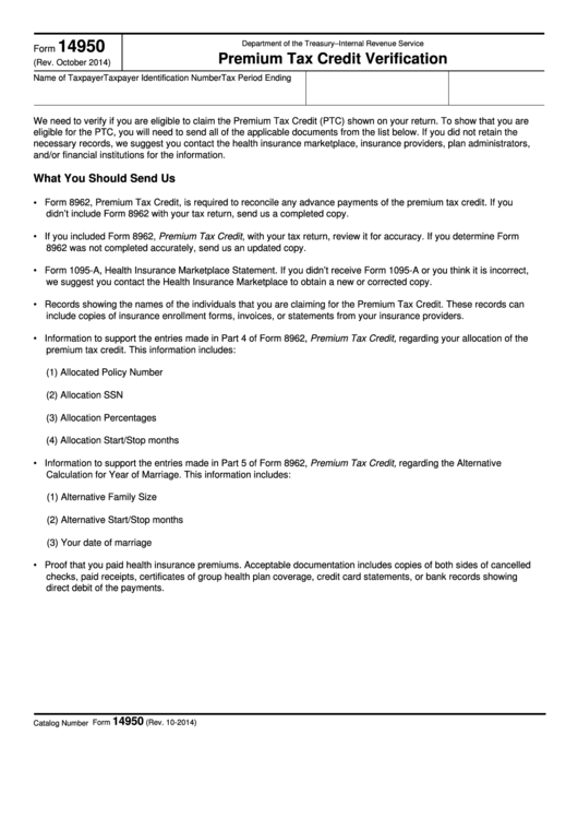 Fillable Form 14950 - Premium Tax Credit Verification - 2014 Printable pdf
