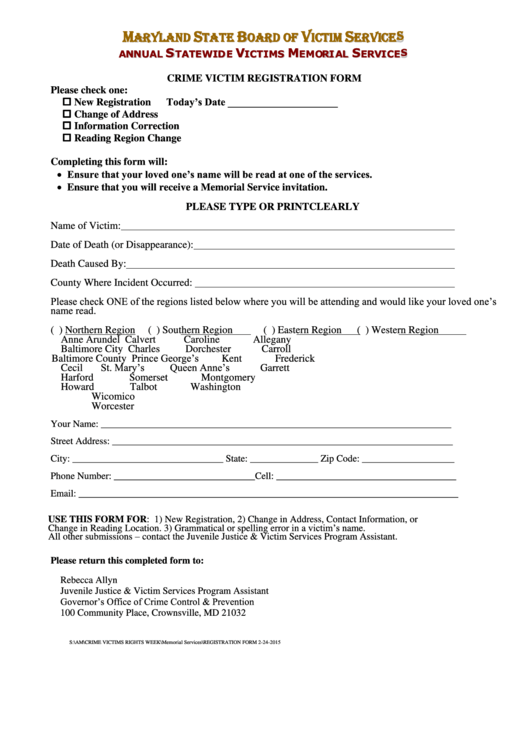Crime Victim Registration Form Printable pdf