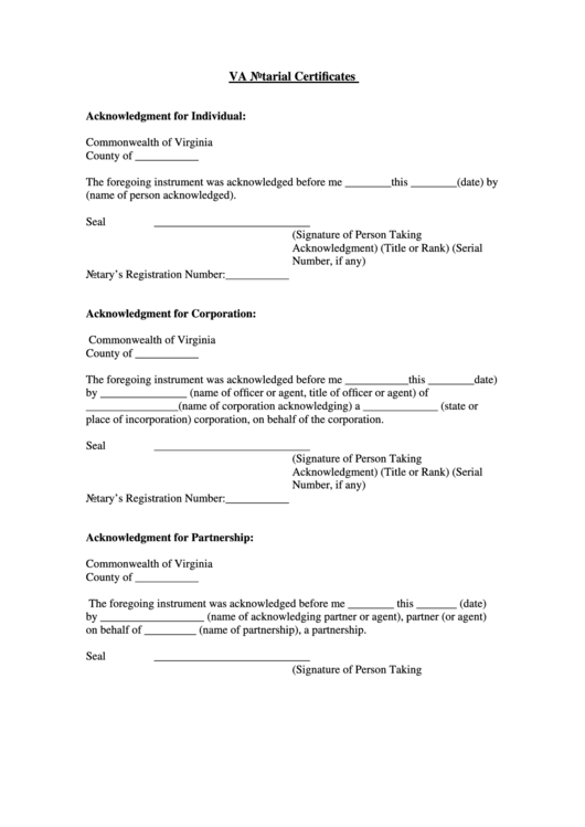 Va Notarial Certificates Printable pdf