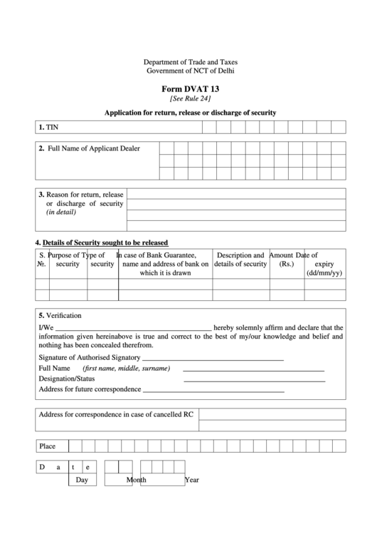 Form Dvat 13 - Application For Return, Release Or Discharge Of Security Printable pdf