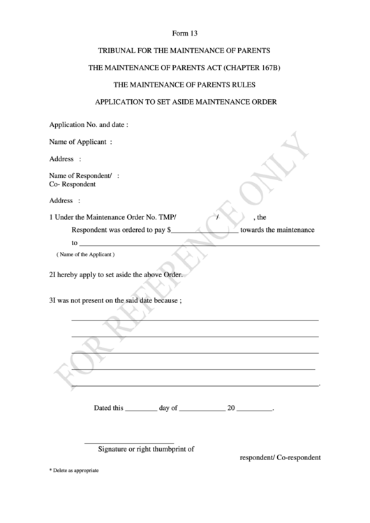 Form 13 - Application To Set Aside Maintenance Order Printable pdf