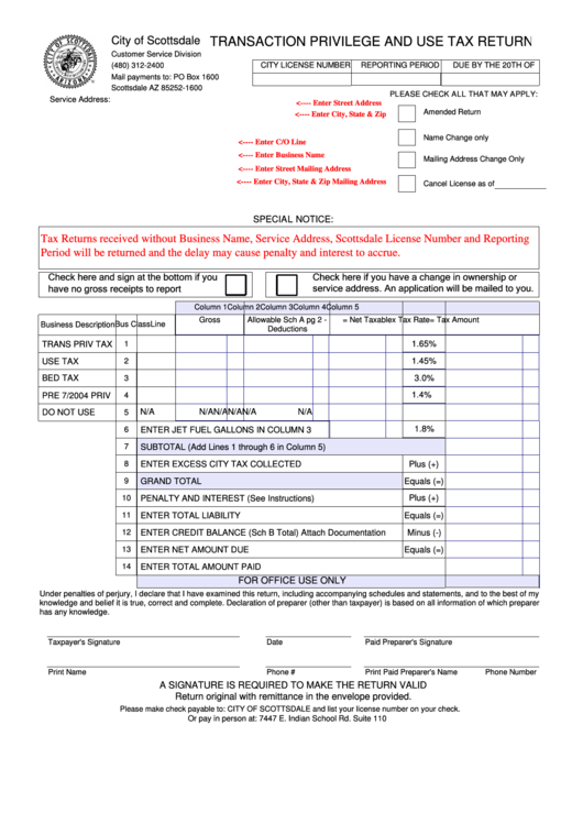 Fillable Transaction Privilege And Use Tax Return Printable pdf