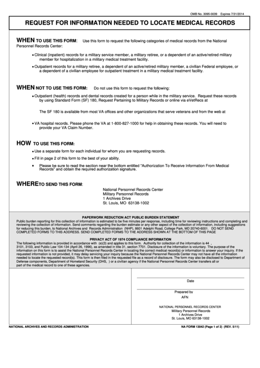 Na Form 13042 - Request For Information Needed To Locate Medical Records Printable pdf