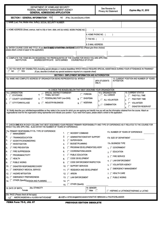 Fillable Fema Form 75-5 - General Admissions Application - 2007 Printable pdf