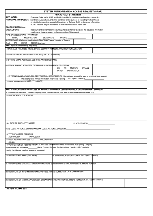 Fillable Tam Form 381 - System Authorization Access Request (Saar) Printable pdf