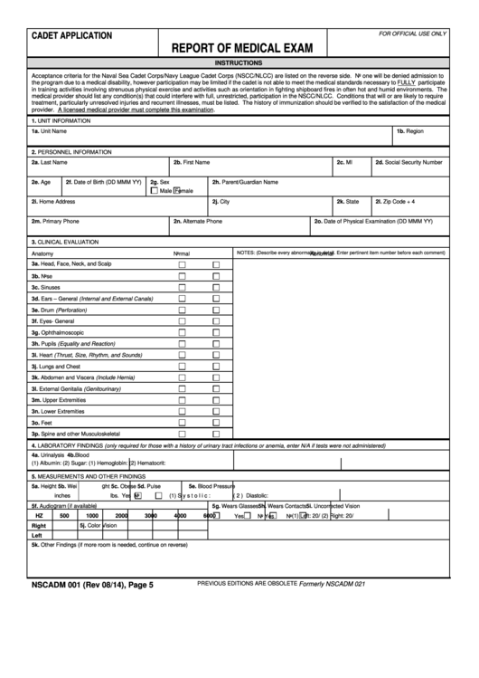 Fillable Nscadm 001 - Cadet Application Report Of Medical Exam Printable pdf