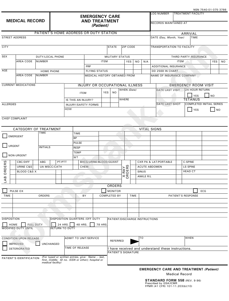 Sf 558, 1996, Emergency Care And Treatment Form