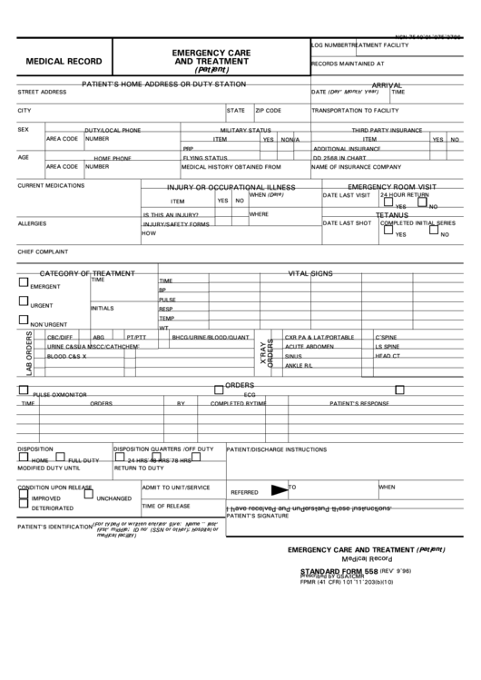 Sf 558, 1996, Emergency Care And Treatment Form Printable pdf