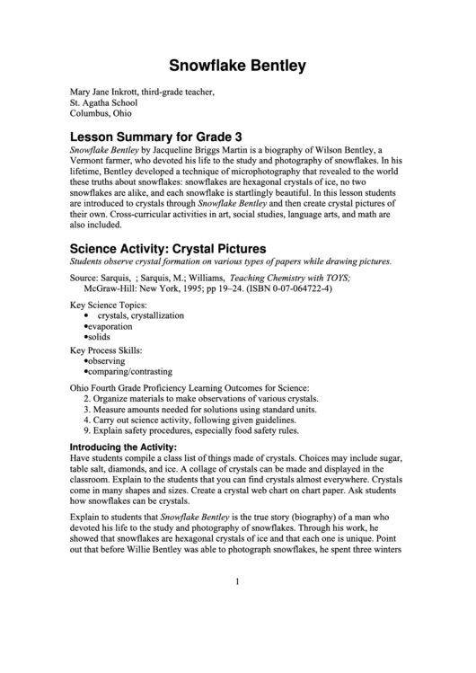 Snowflakes Lesson Summary For Grade 3 Printable pdf