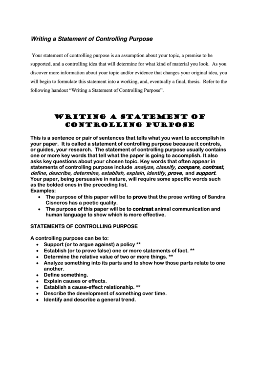 Writing A Statement Of Controlling Purpose Printable pdf