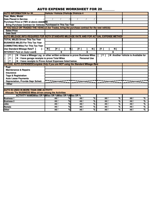 Auto Expense Worksheet Template Printable pdf