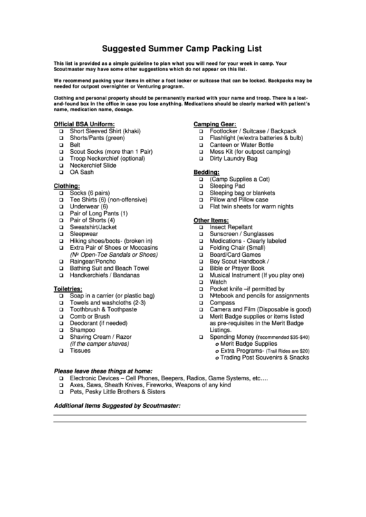 Camp Killoqua Summer Camp Packing List Printable pdf
