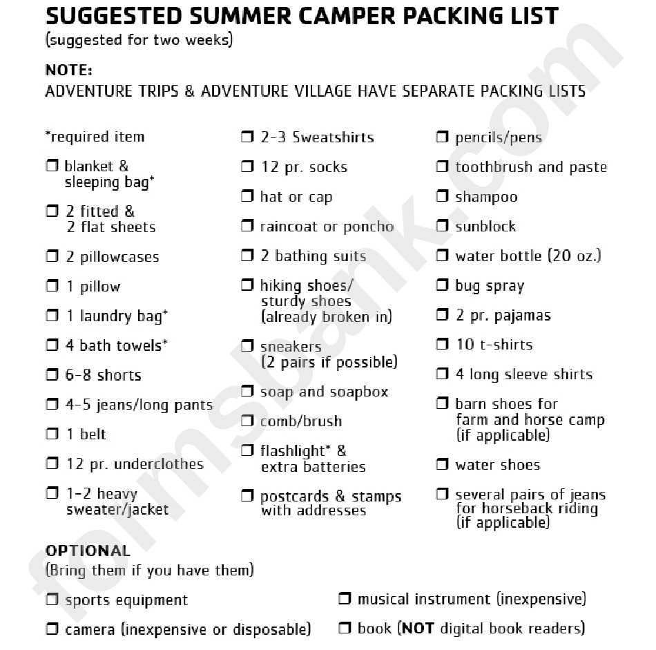 Suggested Summer Camper Packing List