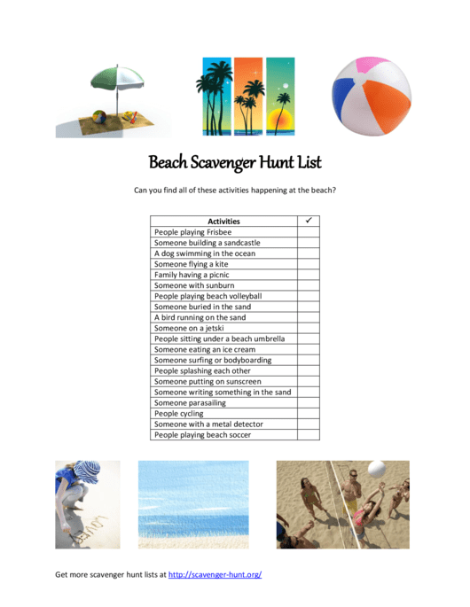 Beach Scavenger Hunt List Printable pdf