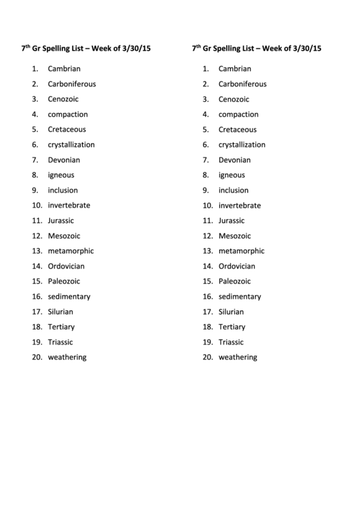 7th Grade Spelling List Printable pdf