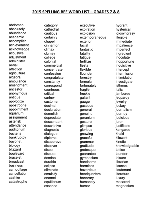 Spelling Bee Word List Grades 7 & 8 printable pdf download